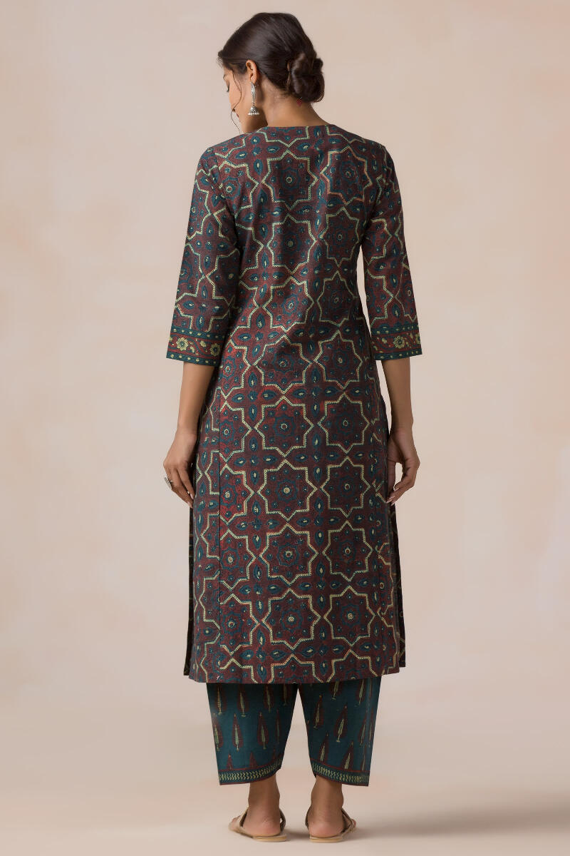 Maroon Block Printed Straight Cotton Kurta