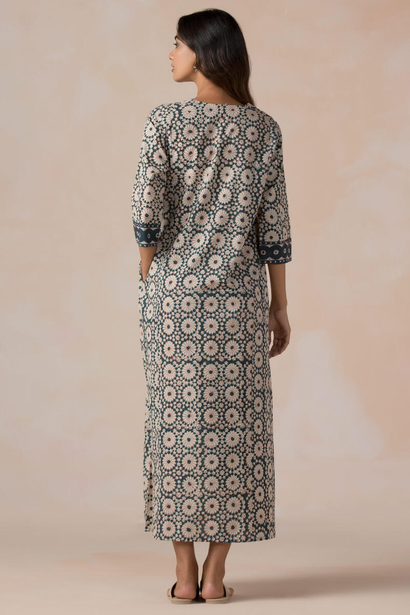 Green Block Printed Cotton Kaftan