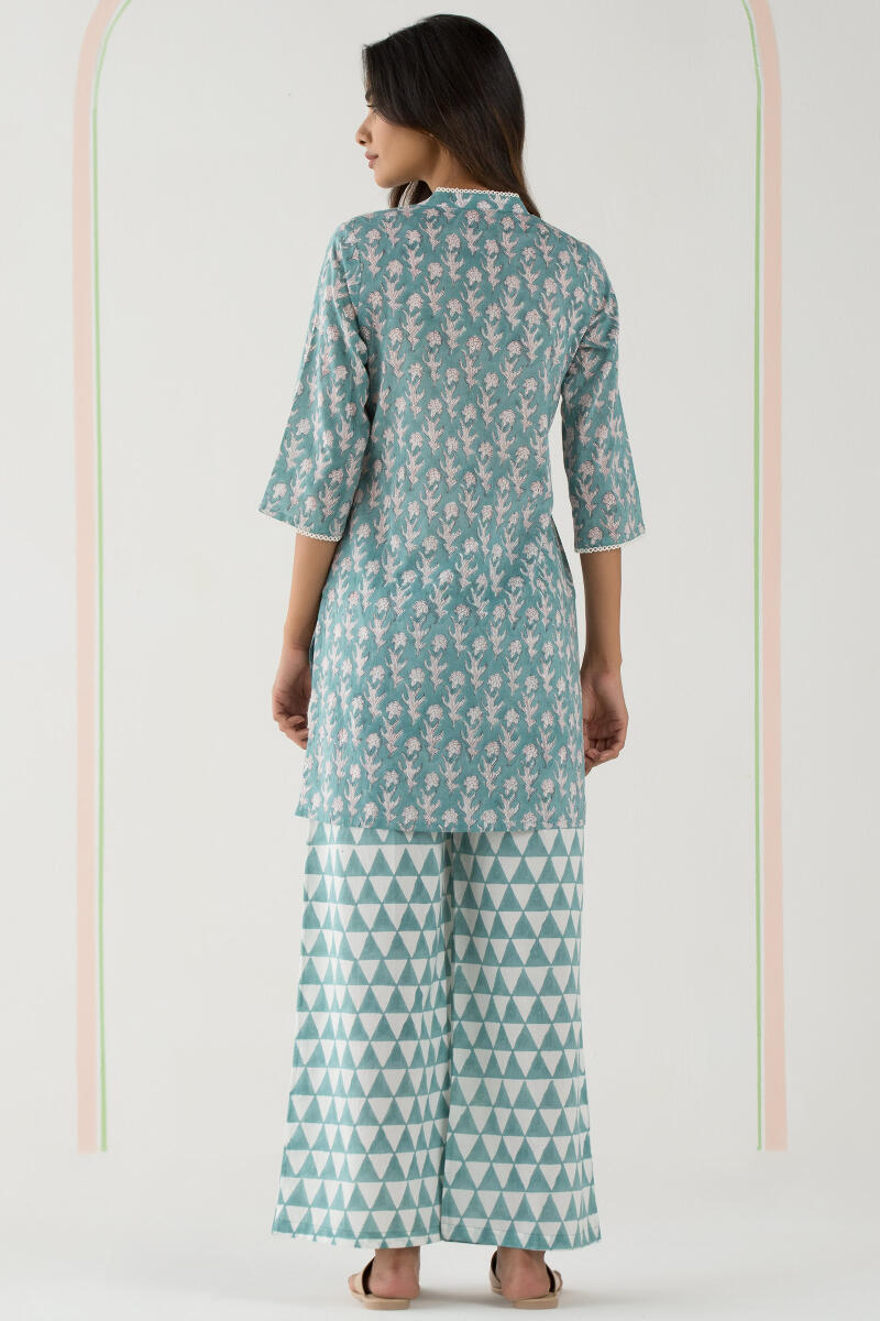 Blue Block Printed Cotton Pyjama Set