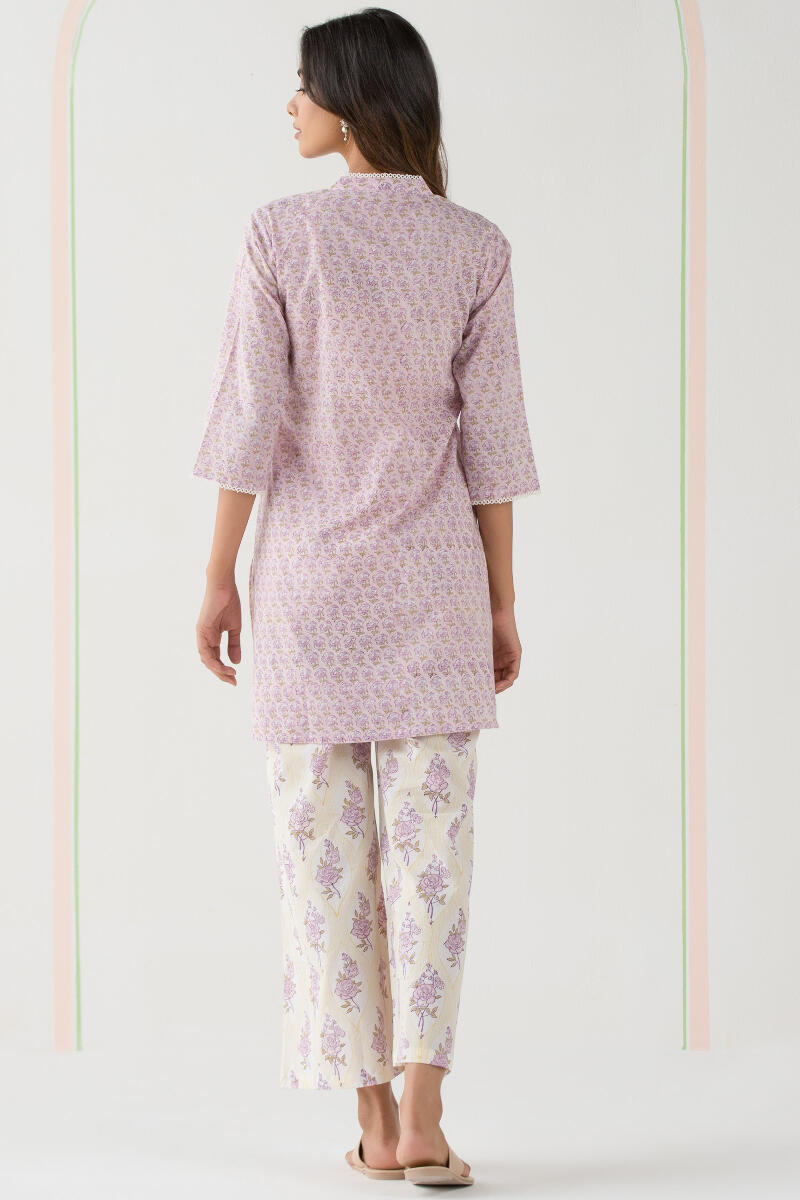 Purple Block Printed Cotton Pyjama Set