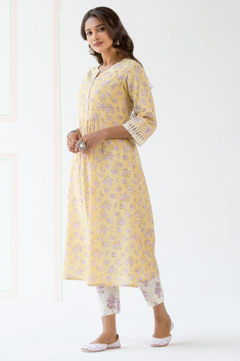 Yellow Block Printed A-Line Cotton Kurta