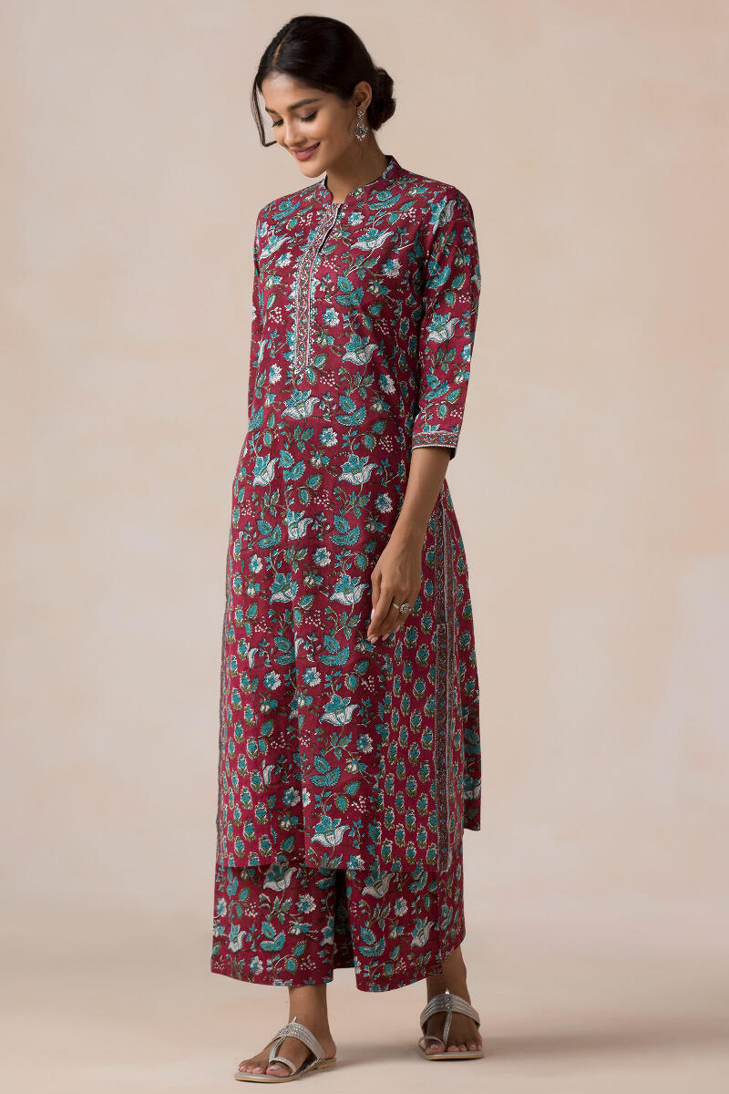 Red Block Printed Straight Cotton Kurta