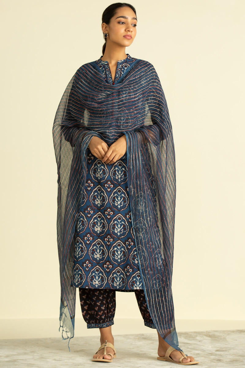 Indigo Block Printed Straight Cotton Kurta