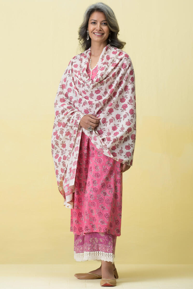 Pink Block Printed A-Line Cotton Kurta