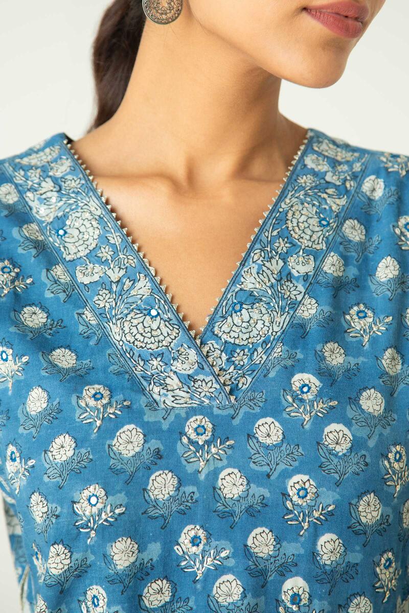 Indigo Block Printed A-Line Cotton Kurta