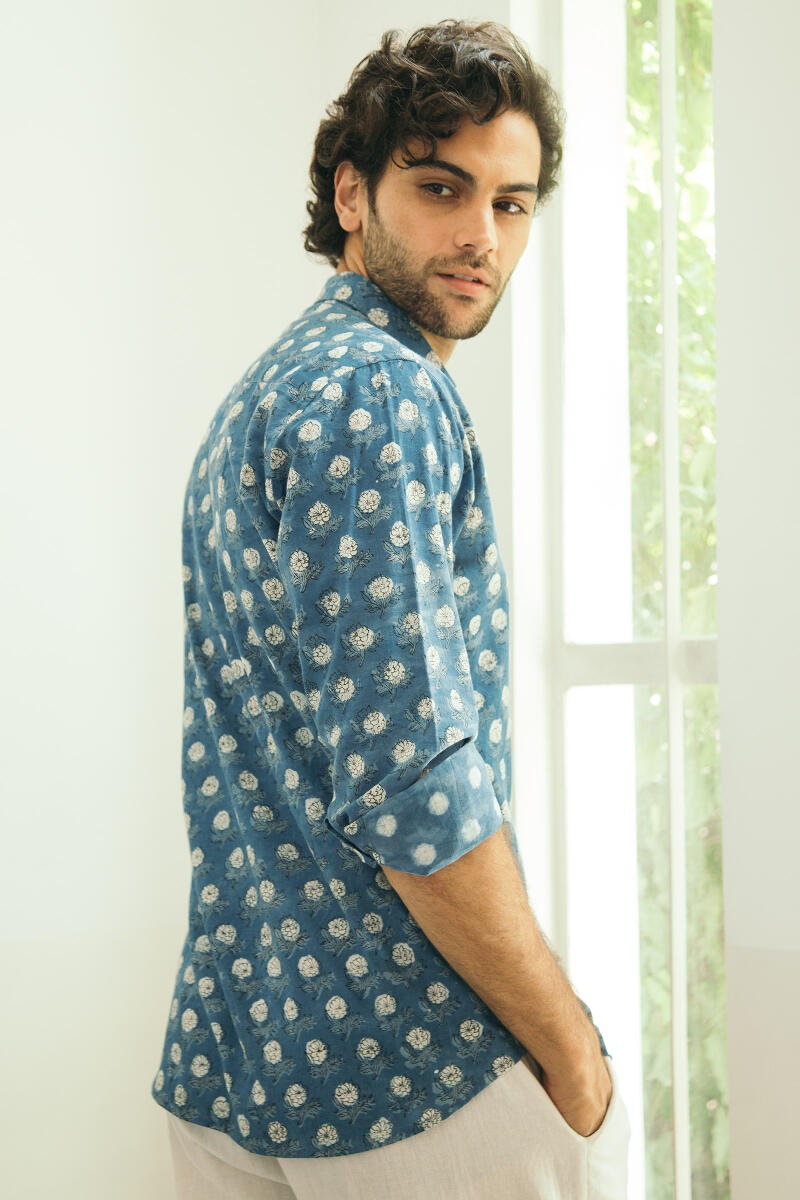 Indigo Block Printed Cotton Shirt