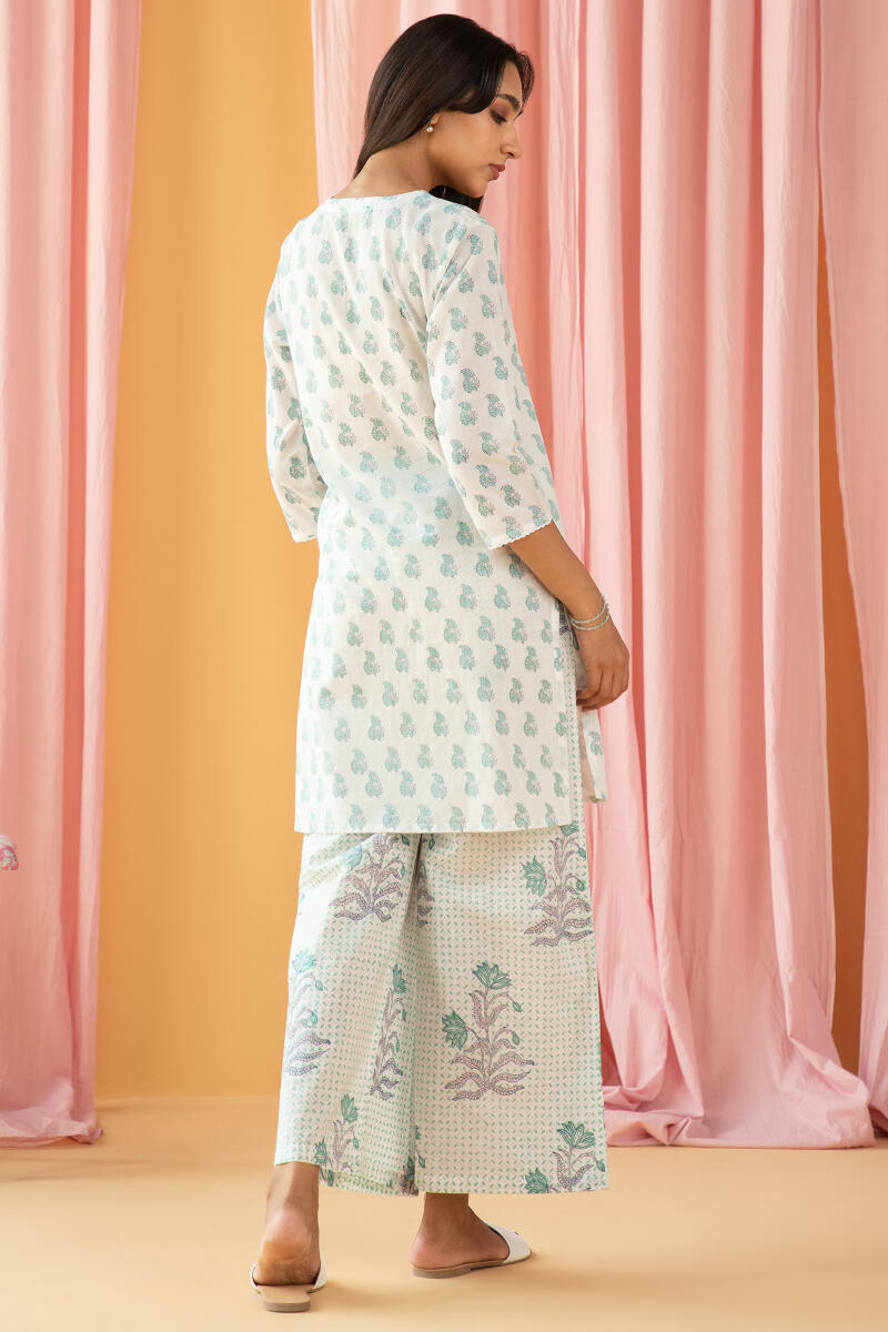 White Block Printed Cotton Pyjama Set