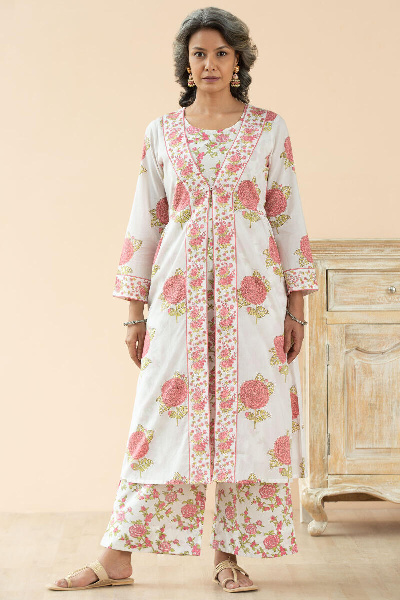 White Block Printed A-Line Cotton Kurta