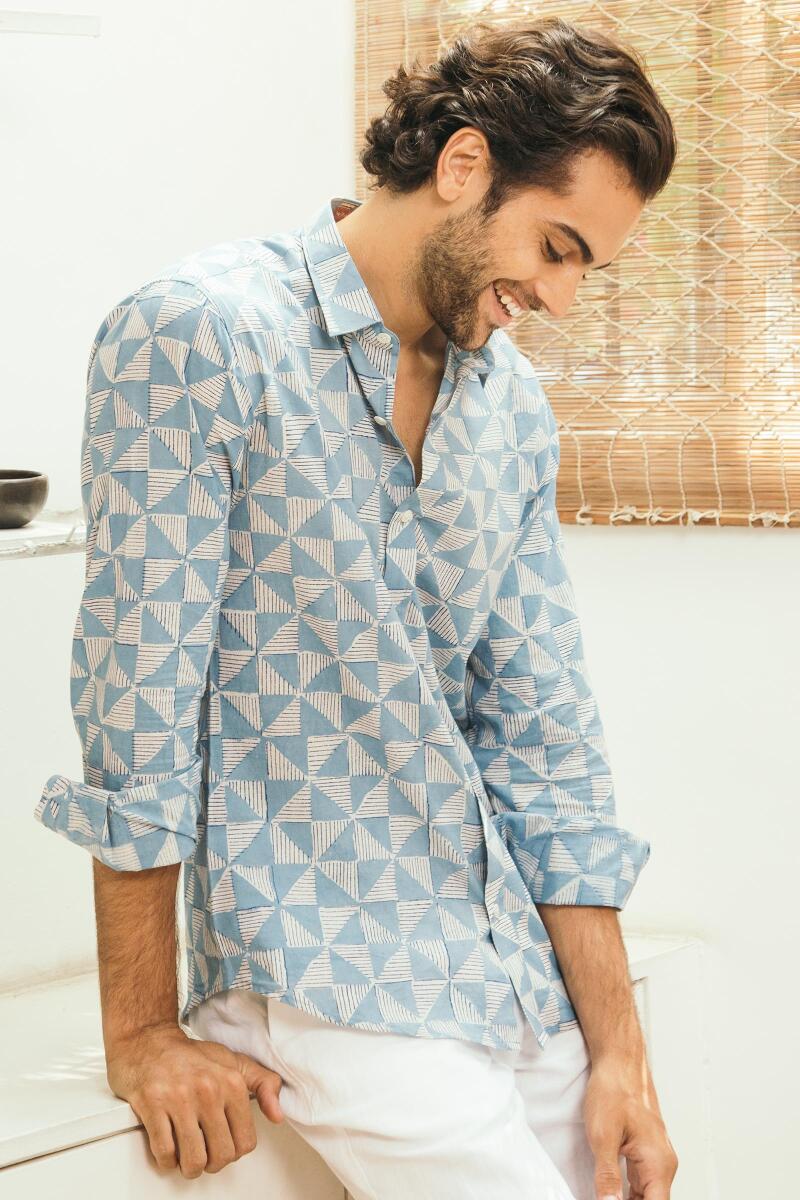 Indigo Block Printed Cotton Shirt