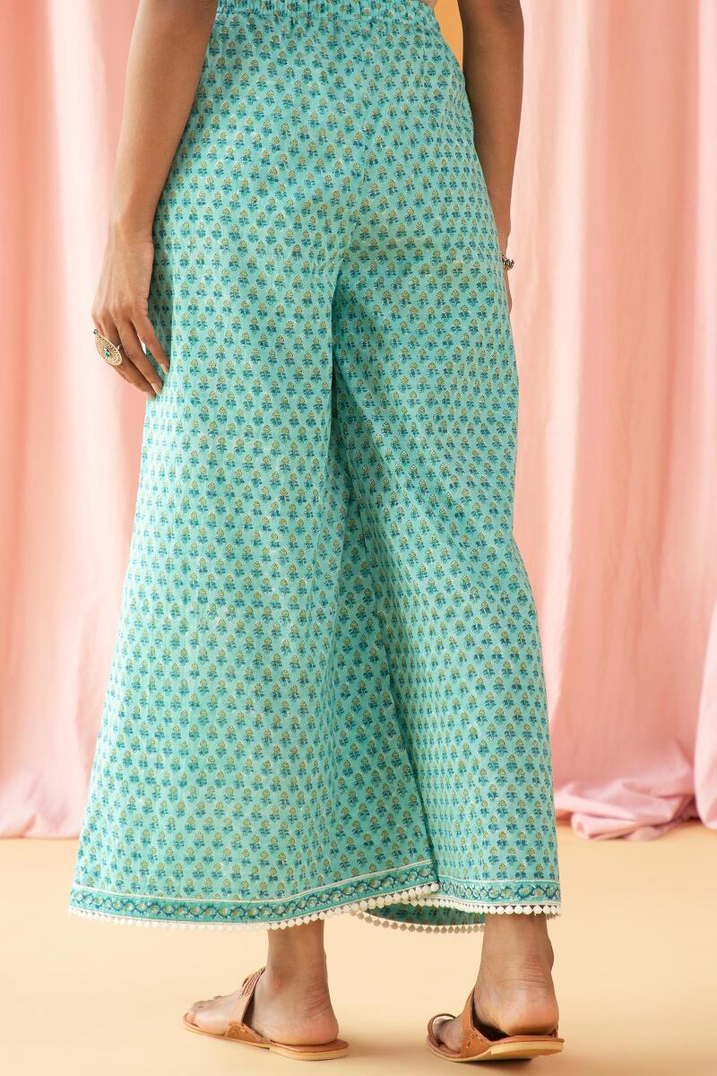 Turquoise Block Printed Cotton Palazzo