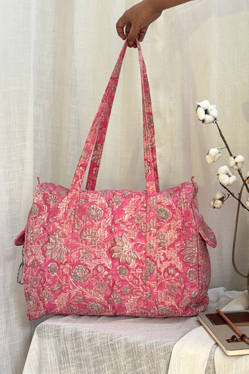 Pink Hand Block-Printed Cotton Duffel Bag