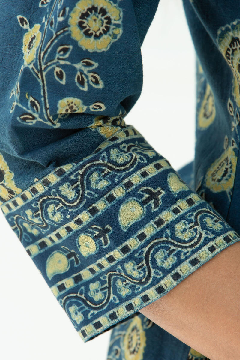 Blue Block Printed Straight Cotton Kurta