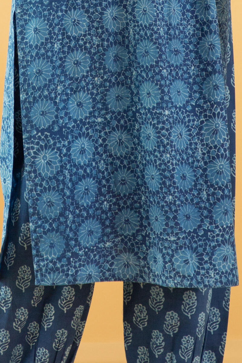 Indigo Block Printed Straight Cotton Kurta