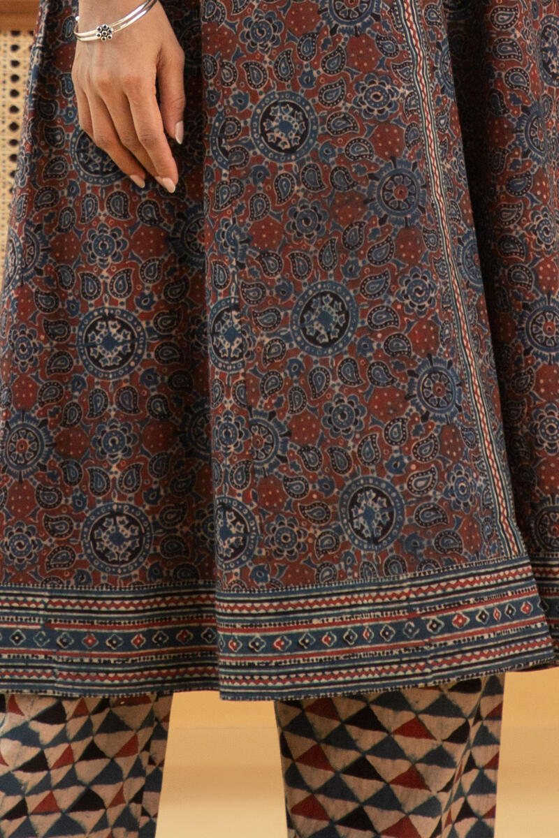 Indigo Block Printed A-Line Cotton Kurta