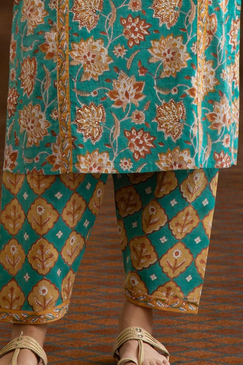 Turquoise Block Printed Straight Cotton Kurta