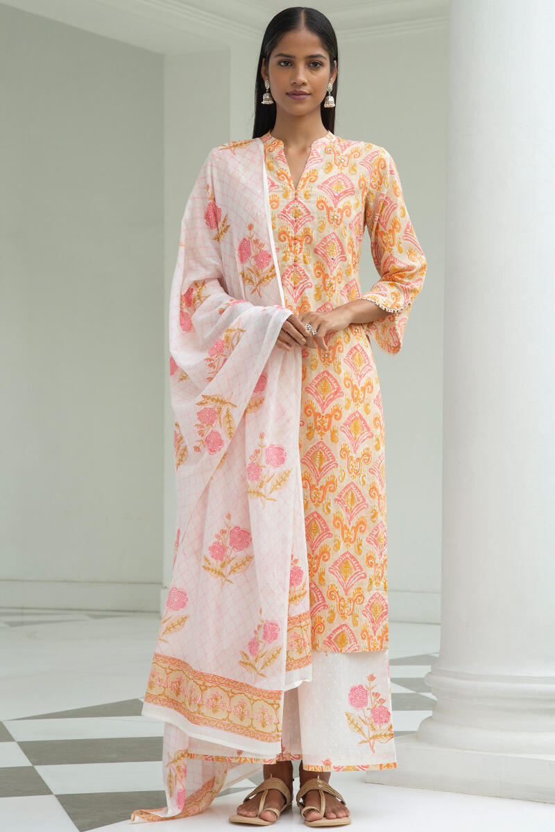 Orange Block Printed Straight Cotton Dobby Kurta