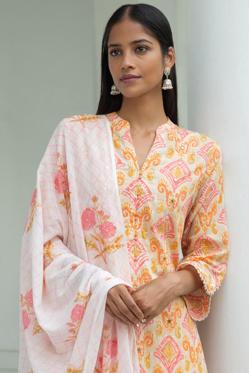 White Block Printed Cotton Dupatta