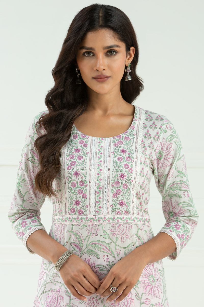 White Block Printed Straight Cotton Kurta