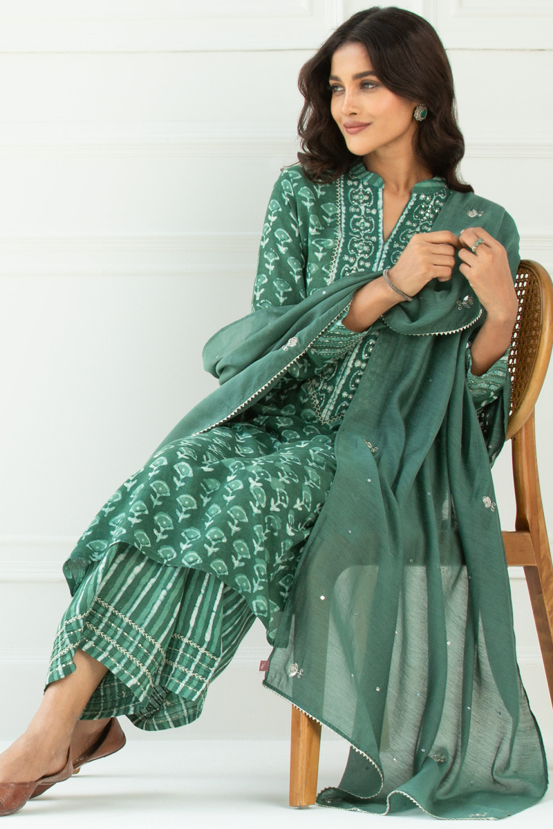 Green Handcrafted Cotton Silk Dupatta