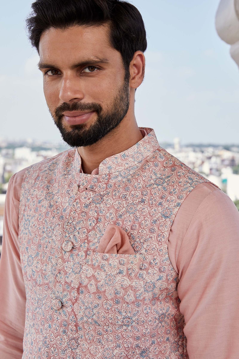 Peach Block Printed Chanderi Nehru Jacket