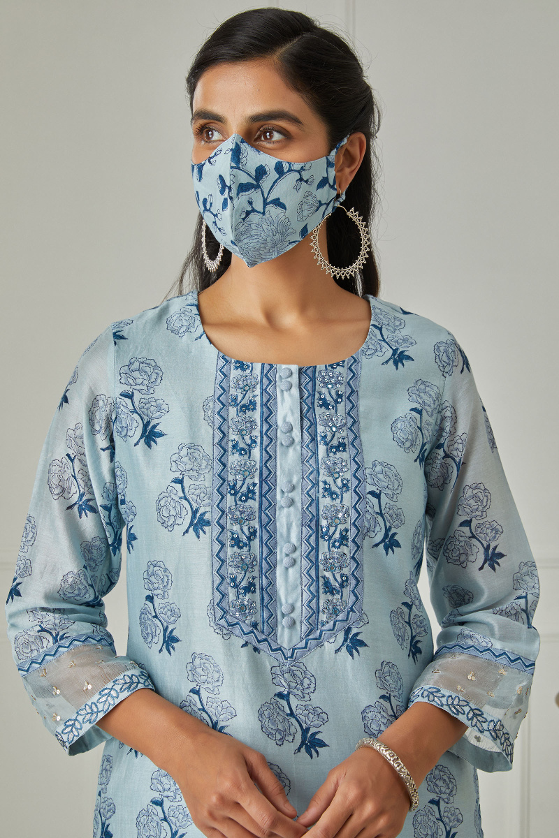 Blue Block Printed Straight Chanderi Kurta