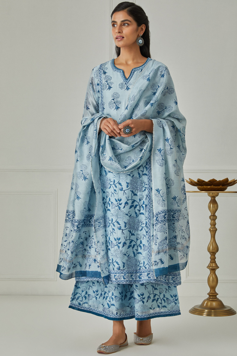 Blue Block Printed A-Line Chanderi Kurta