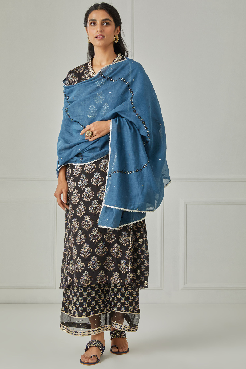 Blue Handcrafted Cotton Silk Dupatta