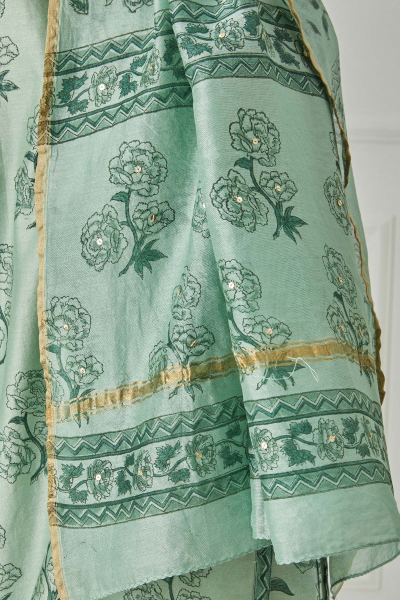 Green Block Printed Chanderi Dupatta