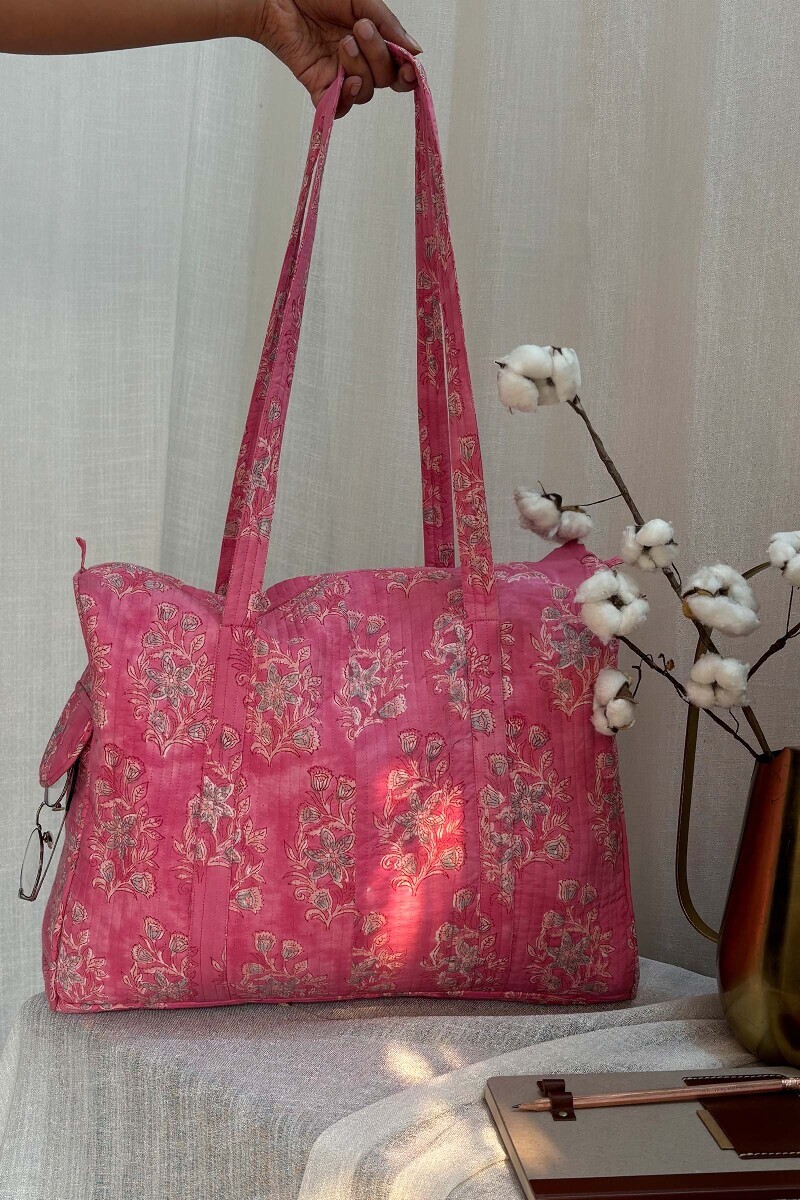 Pink Hand Block-Printed Cotton Duffel Bag