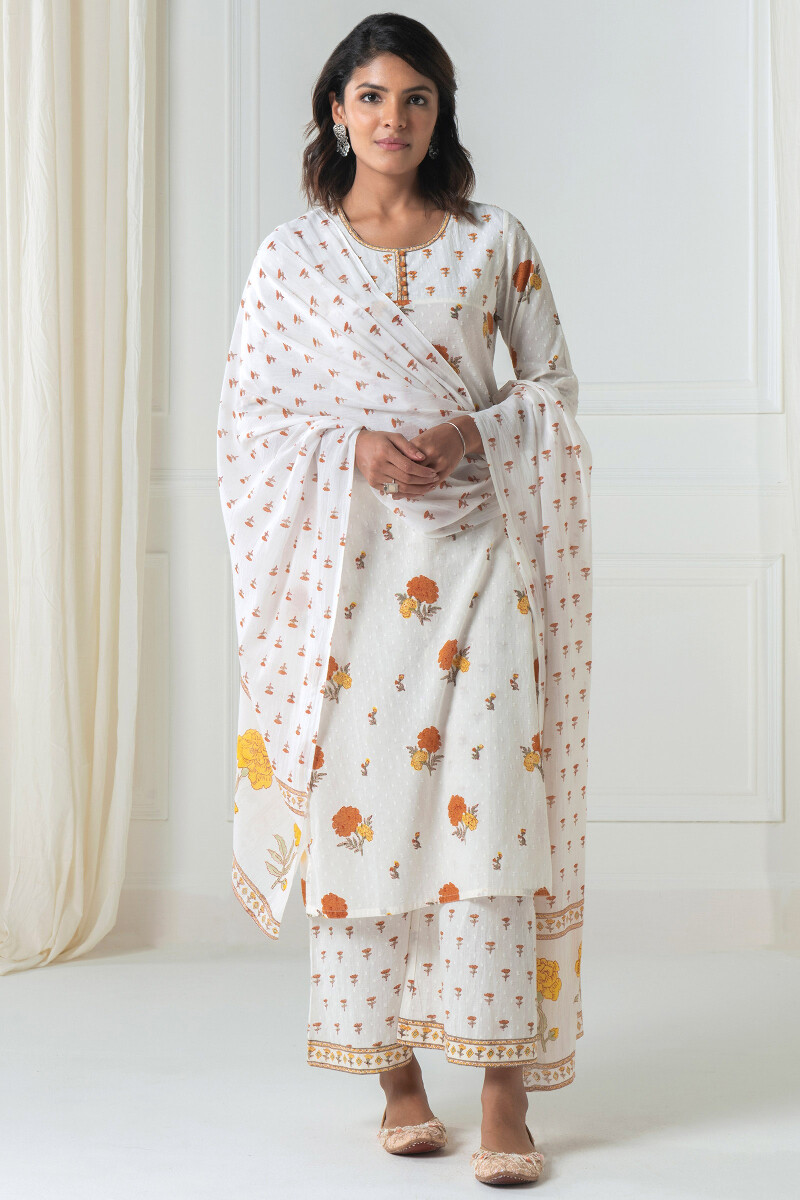 White Block Printed A-Line Cotton Dobby Kurta