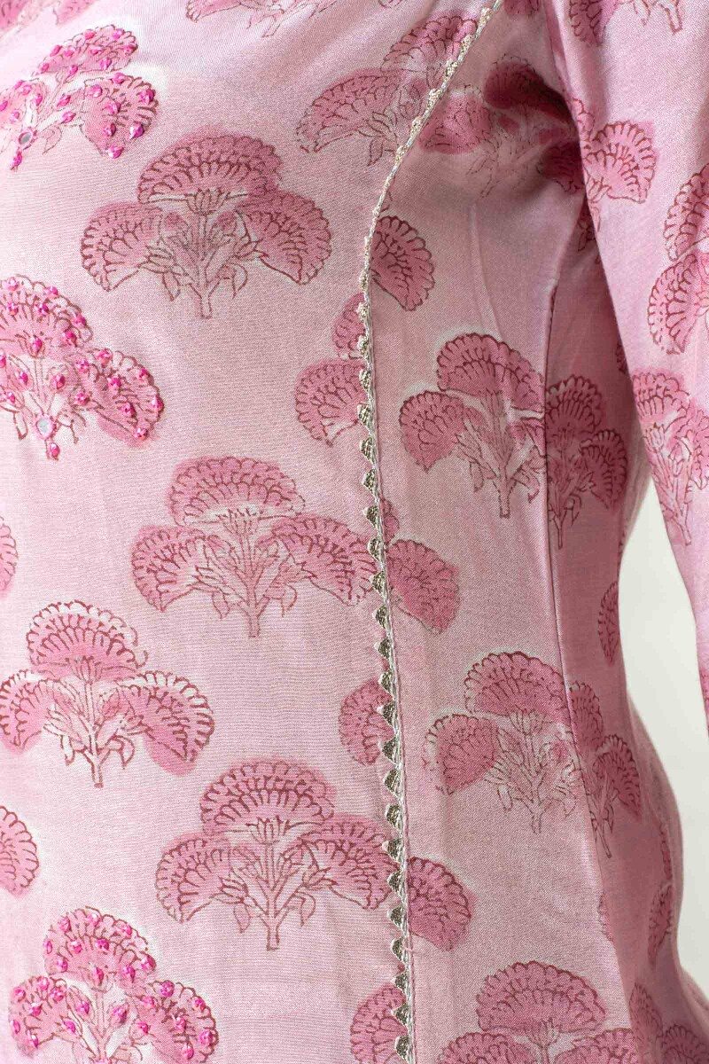 Pink Block Printed Straight Modal Kurta