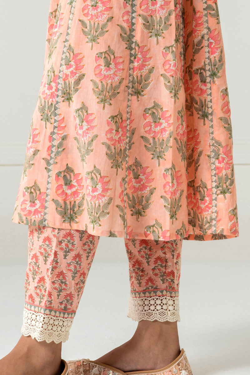 Peach Block Printed A-Line Cotton Kurta