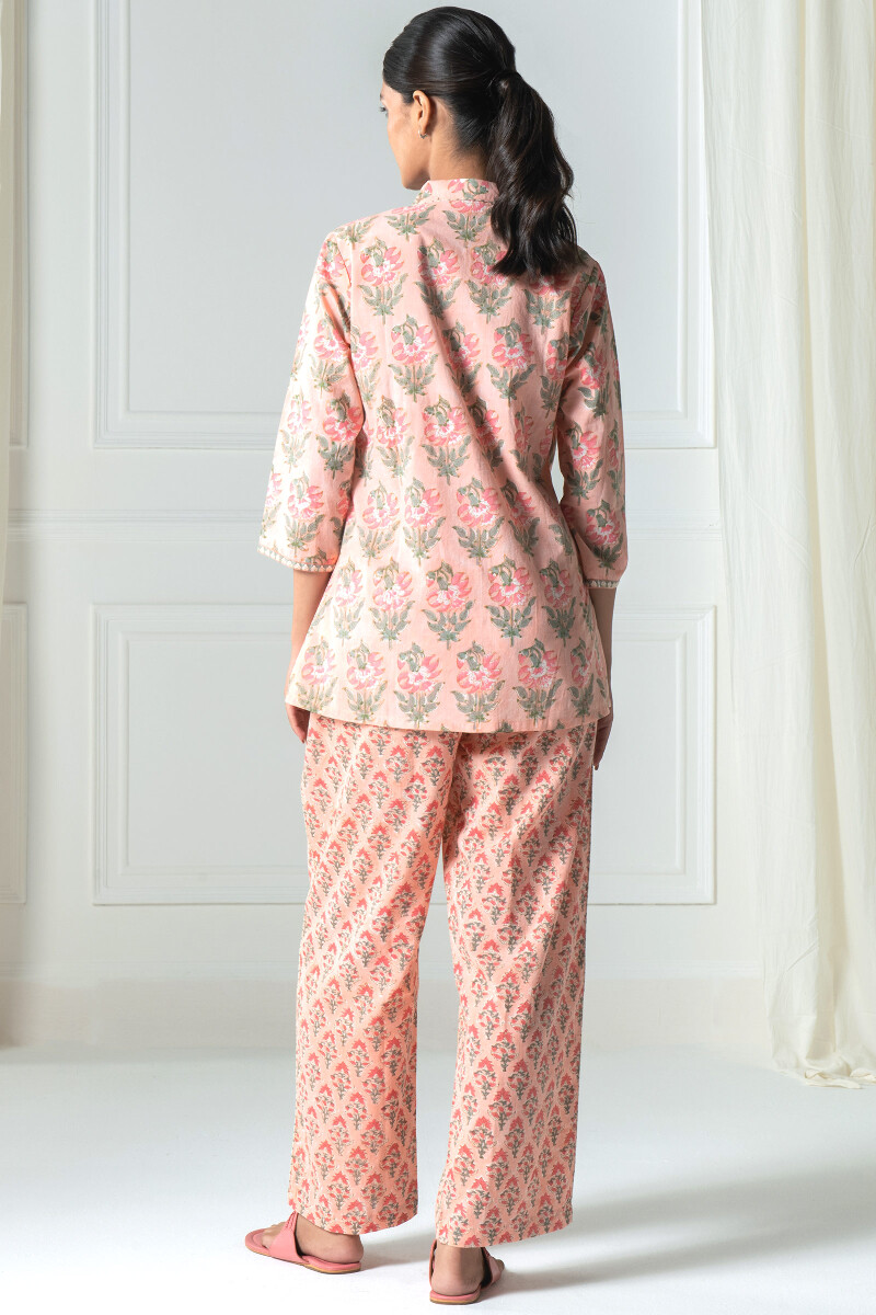 Peach Block Printed Cotton Pyjama Set