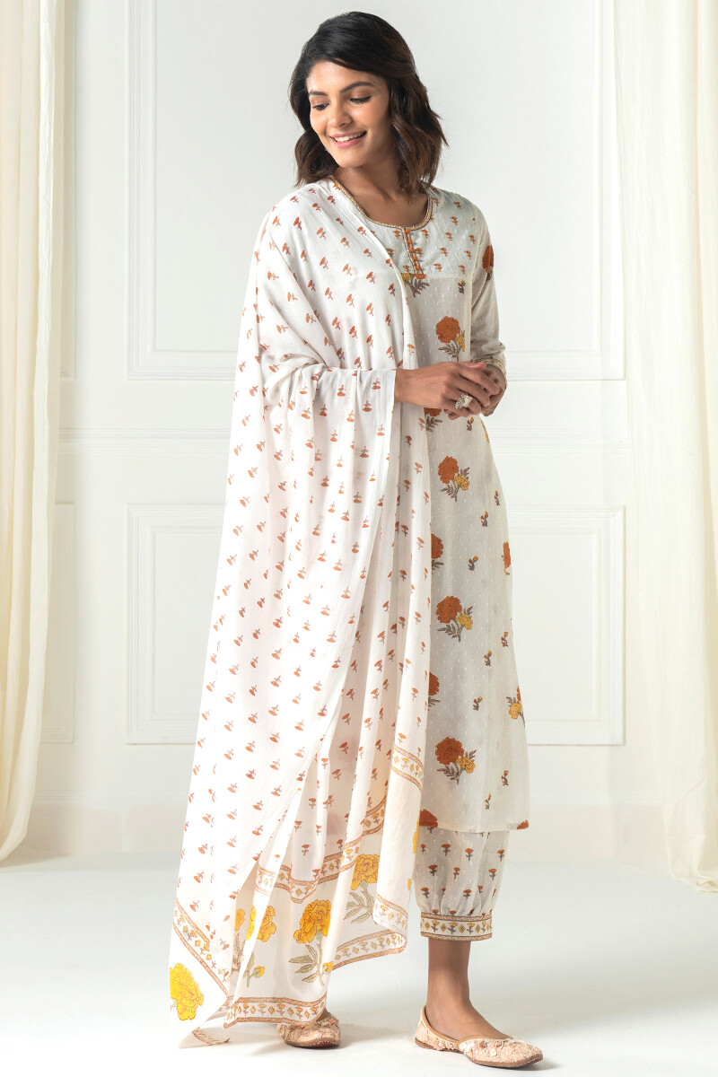 White Block Printed Straight Cotton Dobby Kurta