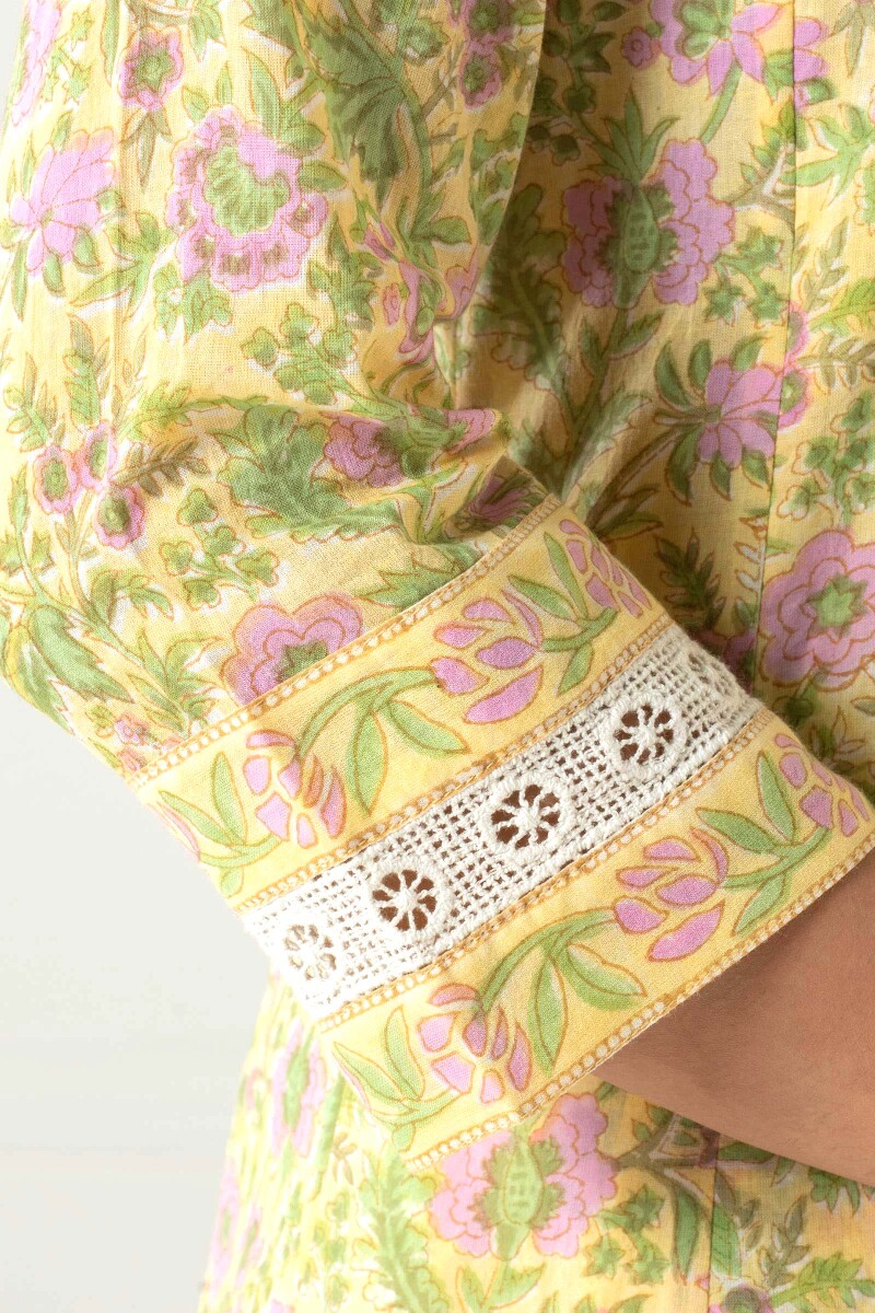 Yellow Block Printed Angrakha Cotton Kurta