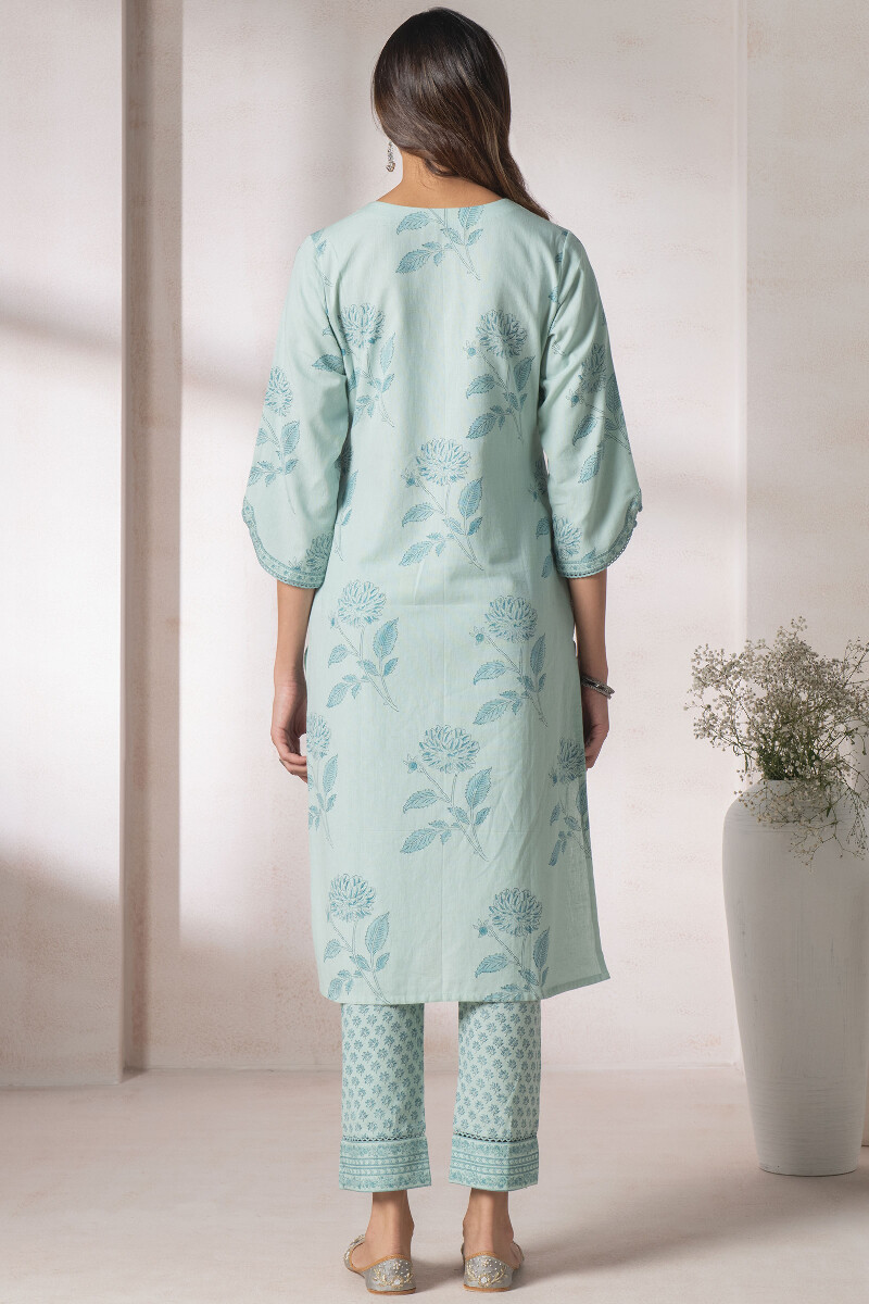 Blue Block Printed Straight Cotton Kurta