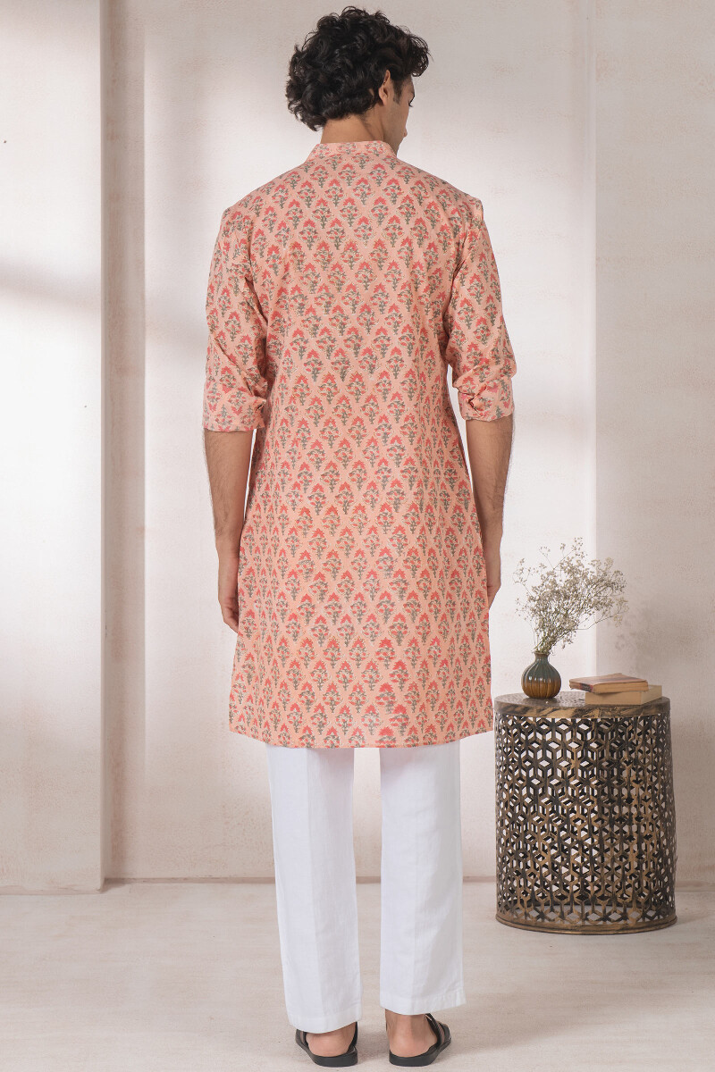 Peach Block Printed Cotton Kurta