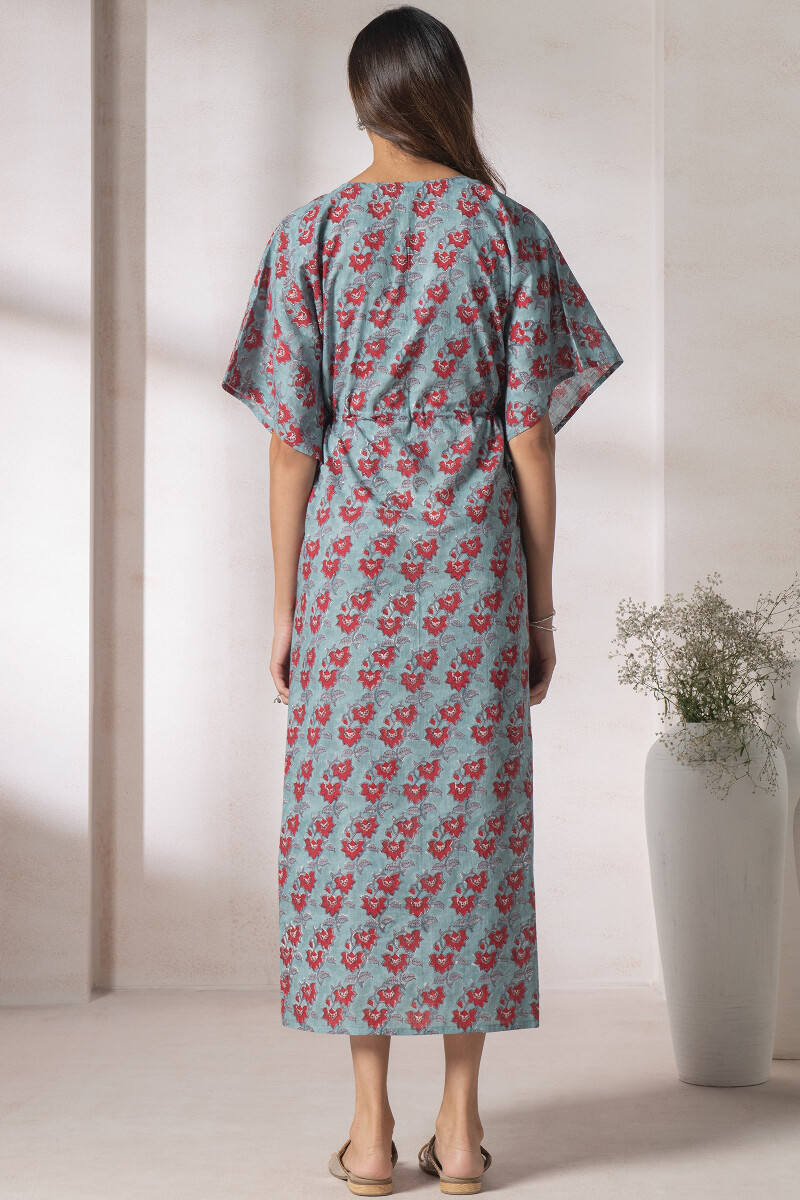 Turquoise Block Printed Cotton Kaftan