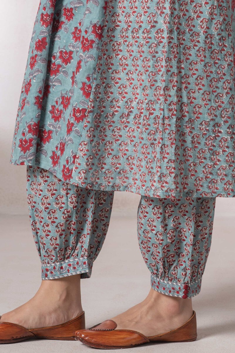 Turquoise Block Printed A-Line Cotton Kurta