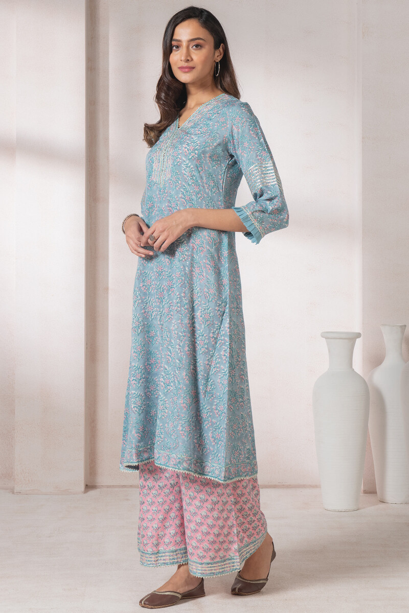 Turquoise Block Printed A-Line Modal Kurta