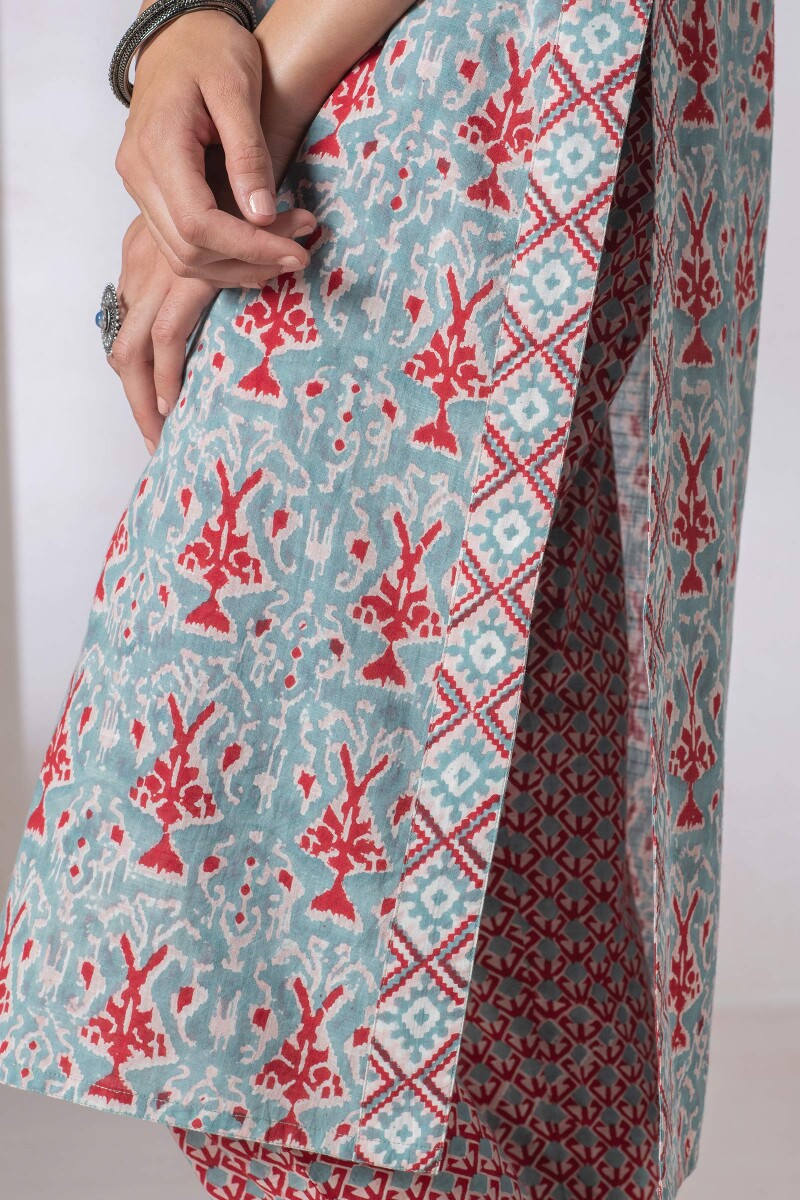 Turquoise Block Printed Straight Cotton Kurta