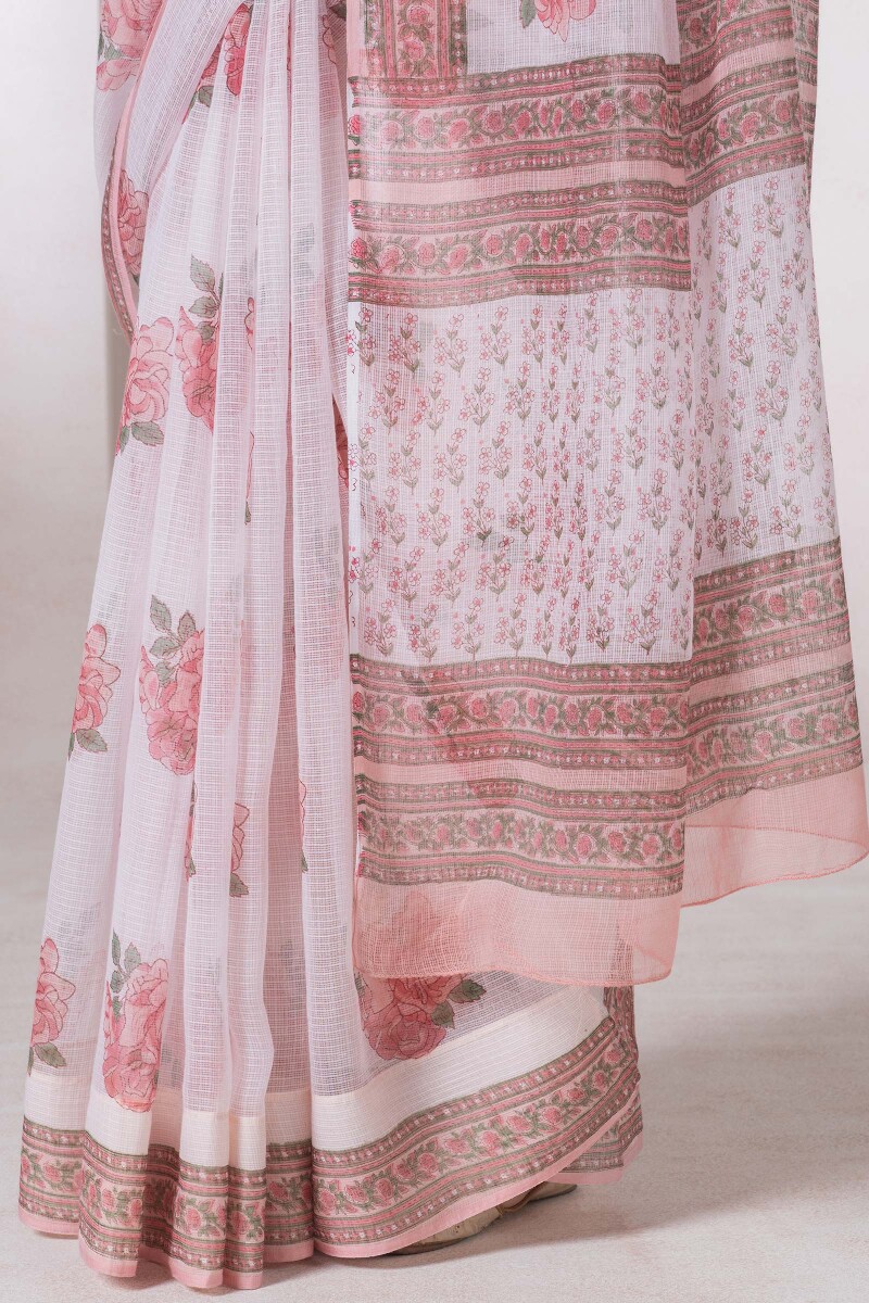 Off-White Block Printed Kota Silk Saree