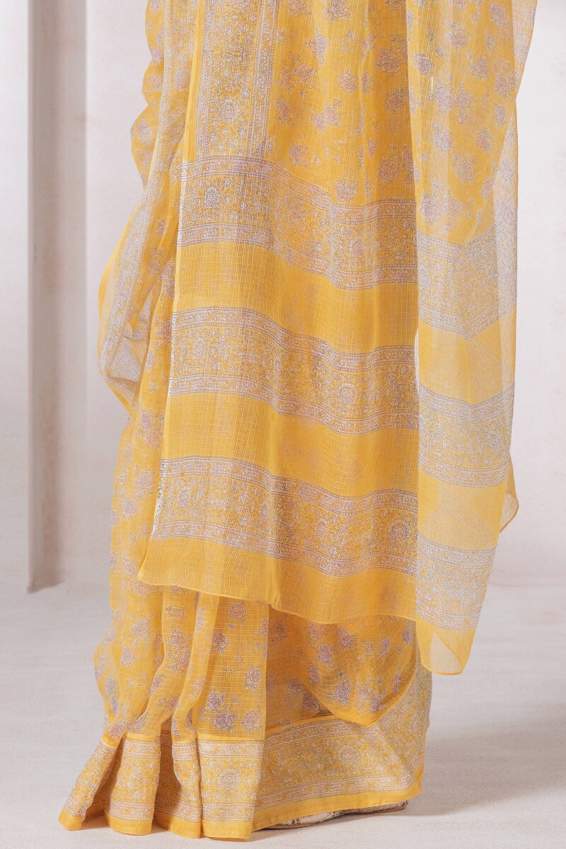 Yellow Block Printed Kota Silk Saree