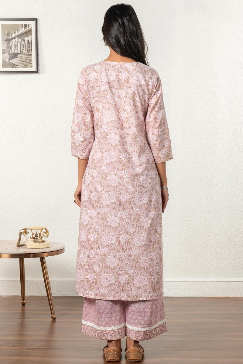 Pink Block Printed Straight Cotton Kurta