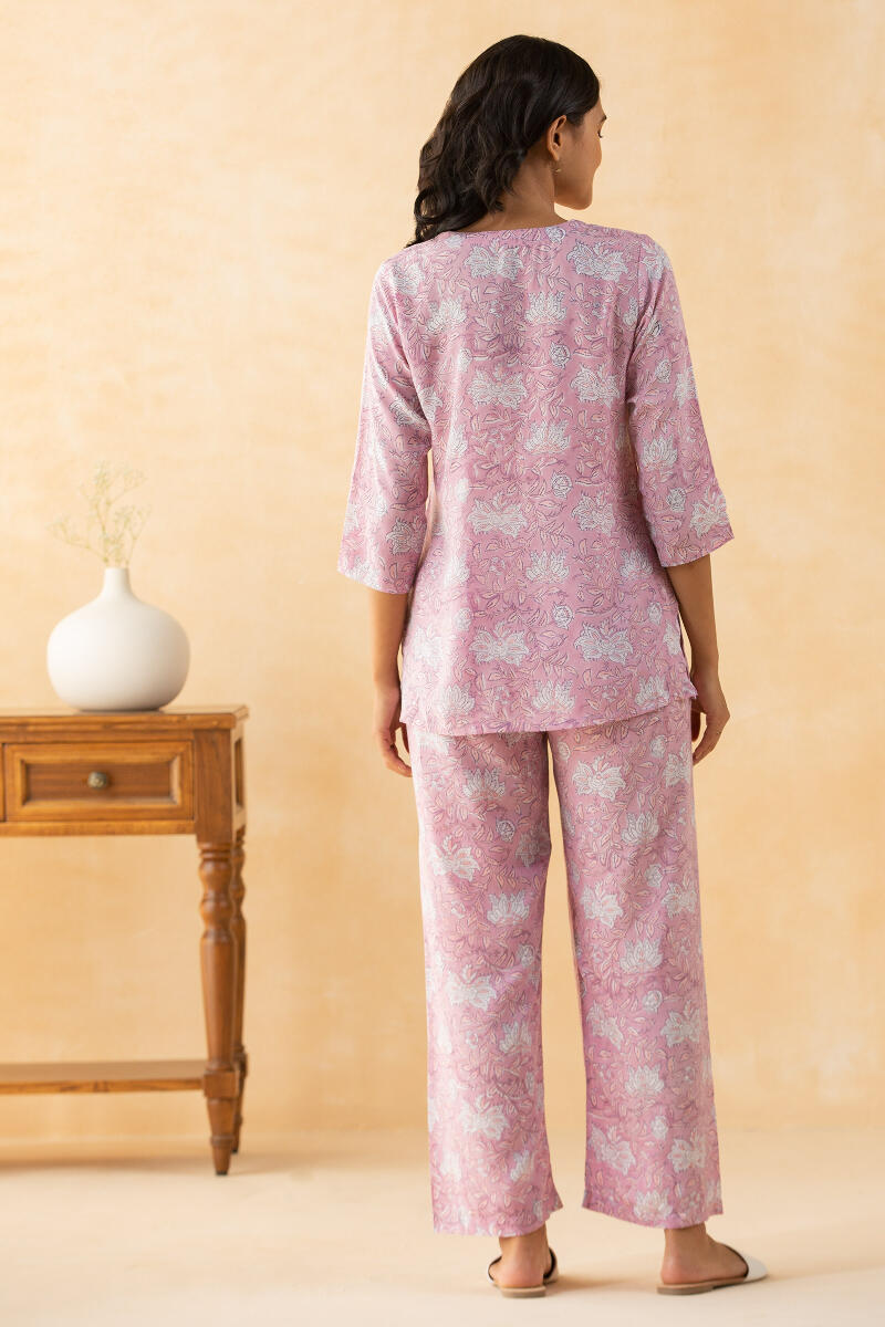 Purple Block Printed Cotton Modal Pyjama Set