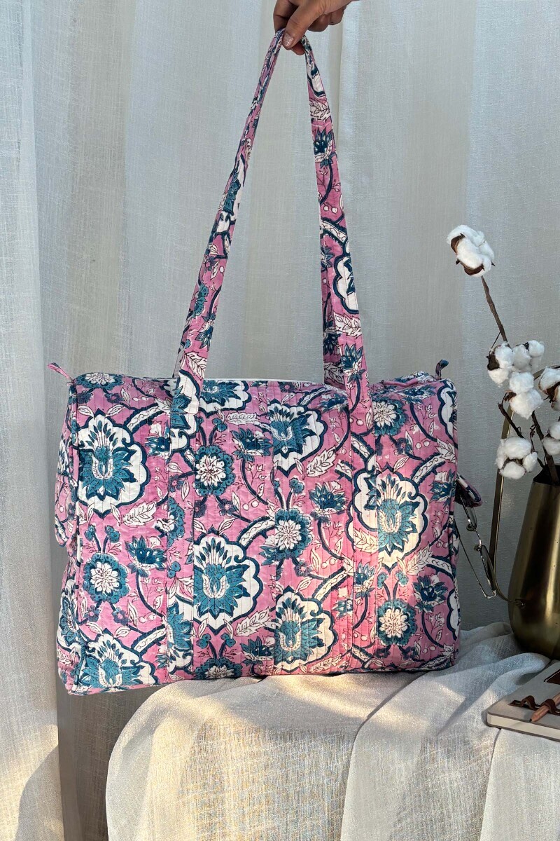 Purple Hand Block-Printed Cotton Duffel Bag