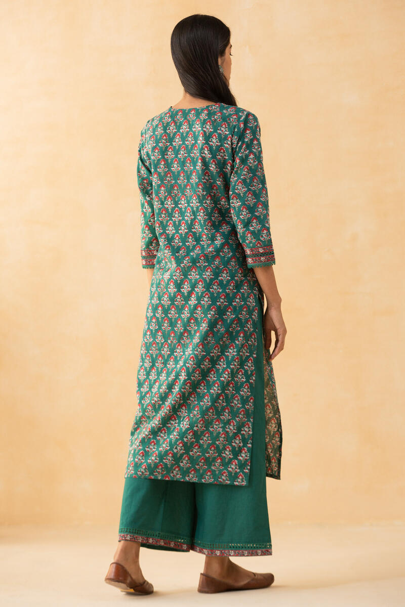 Green Block Printed Straight Cotton Kurta