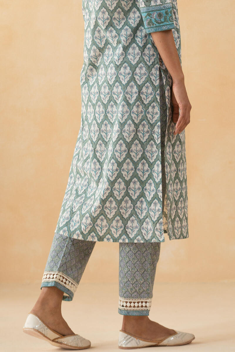 Green Block Printed Straight Cotton Kurta