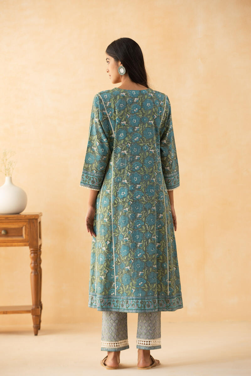 Grey Block Printed A-Line Cotton Kurta