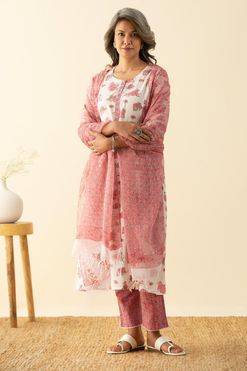 White Block Printed Straight Cotton Kurta